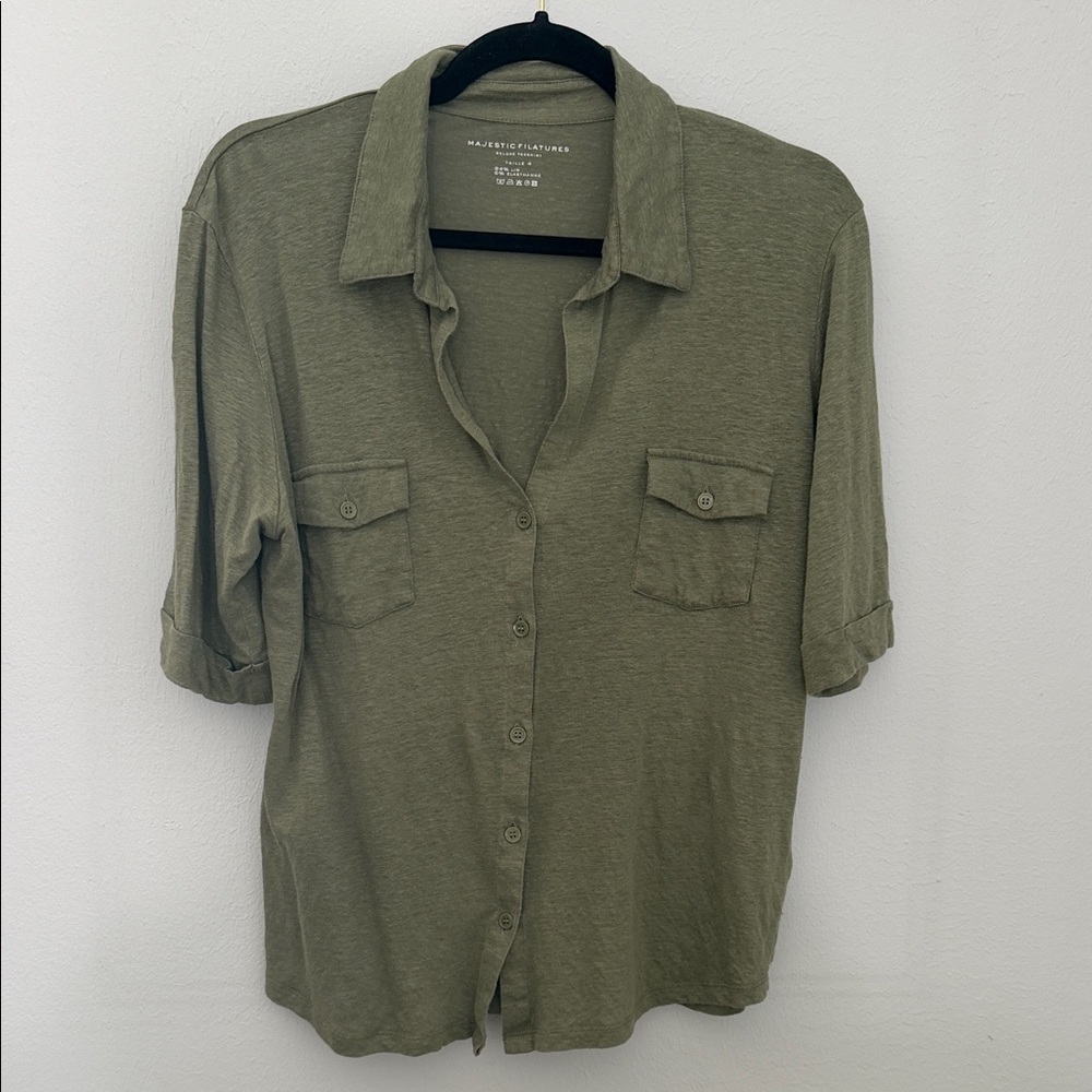 Majestic Filatures Women’s Soft Elbow-Sleeve Olive Green Button-Up Shirt, 4